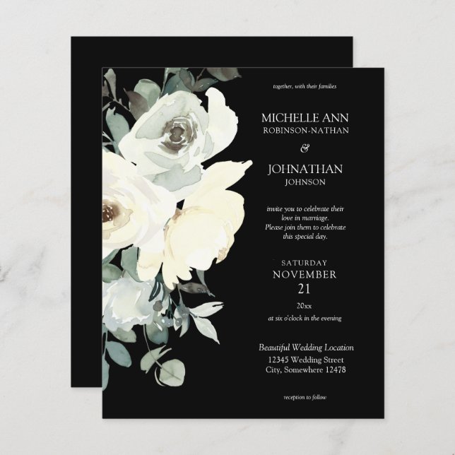 Budget Dusty Blue & White auf Black Floral Wedding (Vorne/Hinten)