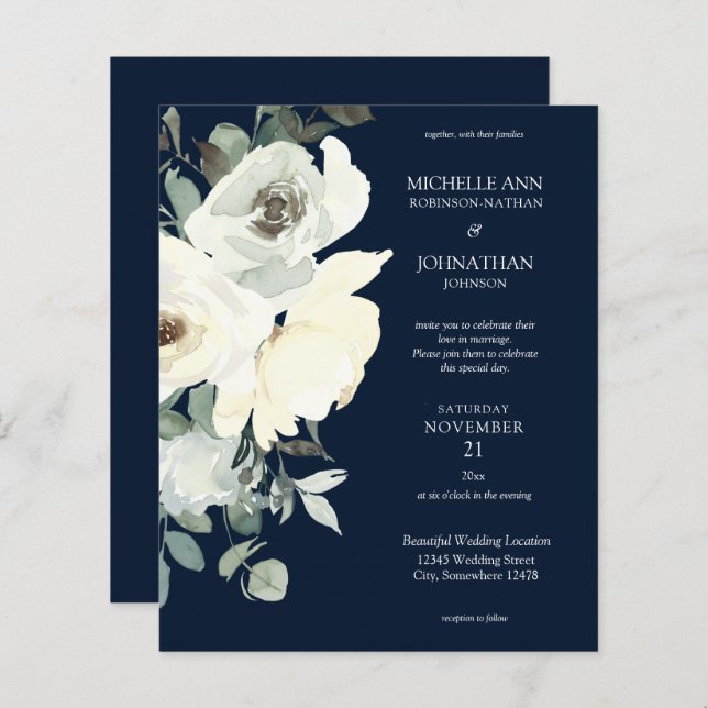 Budget Dusty Blue & White auf Navy Floral Wedding (Vorne/Hinten)