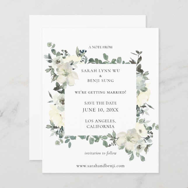 Budget Dusty Blue & White Floral Save the Date (Vorne/Hinten)