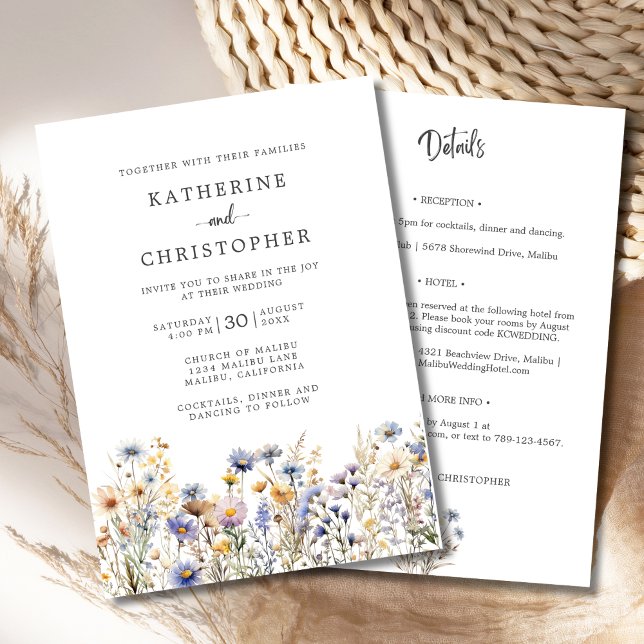 Budget Dusty Blue Wildblumen All-in-One Hochzeit Einladung (BOHO Dusty Blue Wildflowers All In One Wedding Invitation with RSVP, Hotel, Reception Info on Back.)