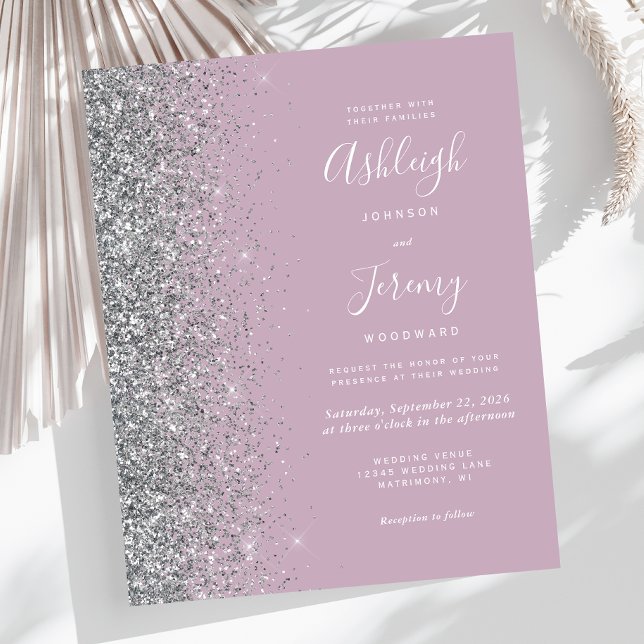 Budget Dusty Lila Silver Glitzer Wedding Einladung (Von Creator hochgeladen)