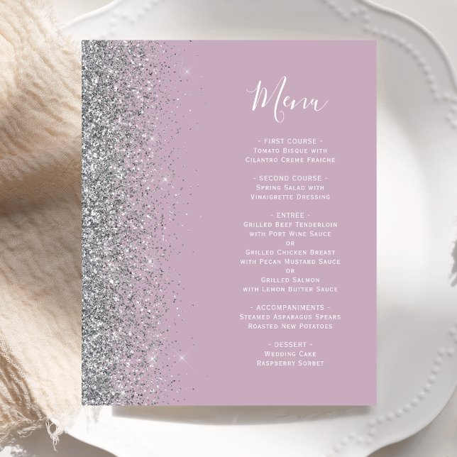 Budget Dusty Lilac Silver Glitzer Wedding Menu (Von Creator hochgeladen)