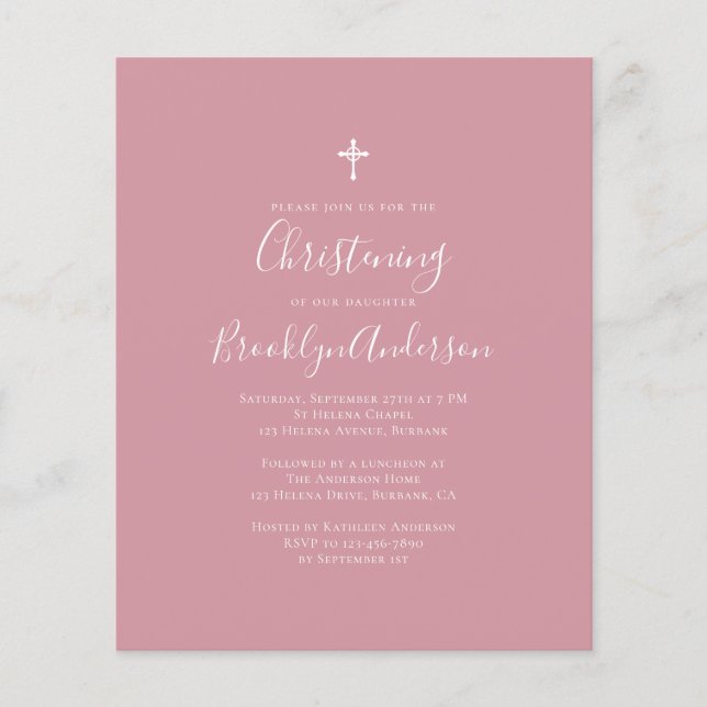 Budget Dusty Pink Christening Einladung (Vorderseite)