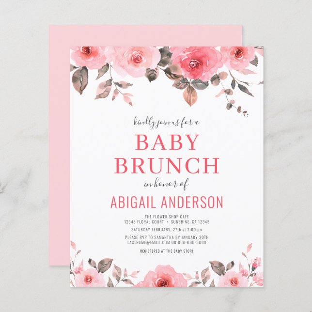 Budget Dusty Pink Floral Baby Brunch Einladung (Vorne/Hinten)