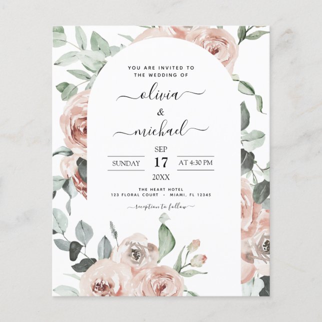 Budget Dusty Pink Floral Wedding Einladung Flyer (Vorne)