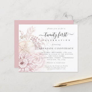 Budget Dusty Pink Florals Girly 21. Party Einladun