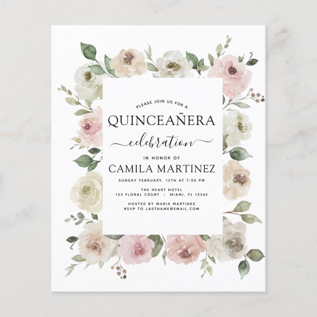 Budget Dusty Pink Quinceñera Blumengrün Flyer (Vorne)