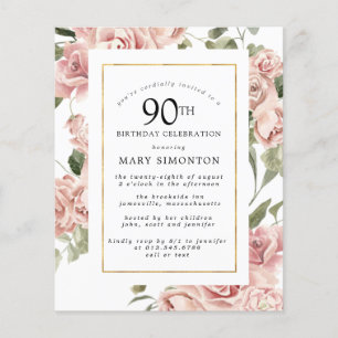 Budget Dusty Pink Rose 90. Geburtstagsparty Einlad