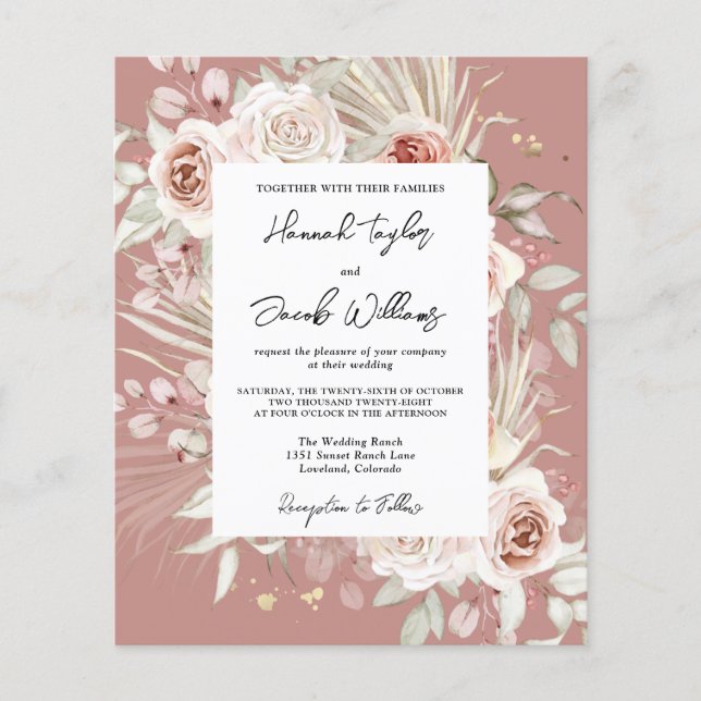 Budget Dusty Rose Boho Hochzeit Einladung (Vorderseite)