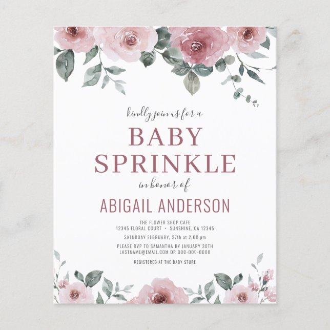 Budget Dusty Rose Floral Baby Sprinkle Einladung (Vorderseite)