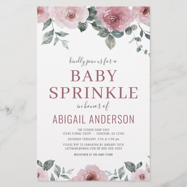 Budget Dusty Rose Floral Baby Sprinkle Einladung (Vorderseite)