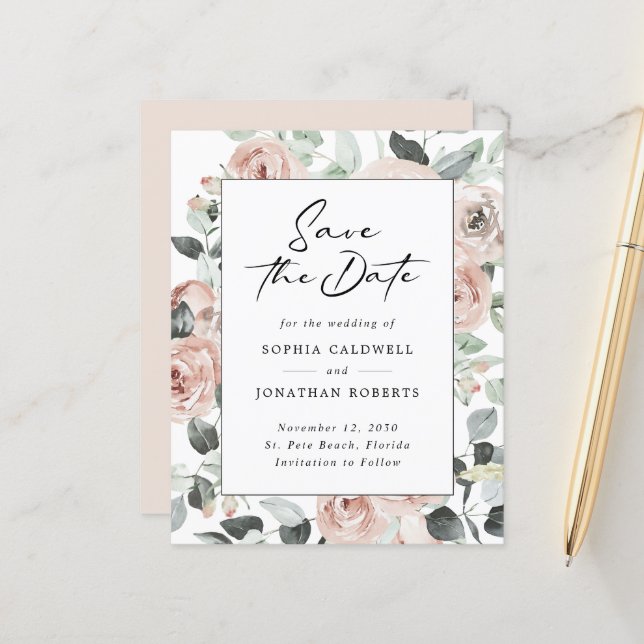 Budget Dusty Rose Floral Eukalyptus Save the Date (Vorderseite/Rückseite Beispiel)