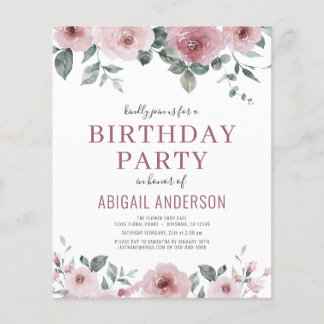 Budget Dusty Rose Floral Geburtstagsparty Einladun Flyer