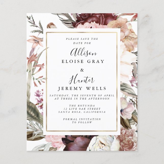 Budget Dusty Rose Floral Save the Date Flyer (Vorne)