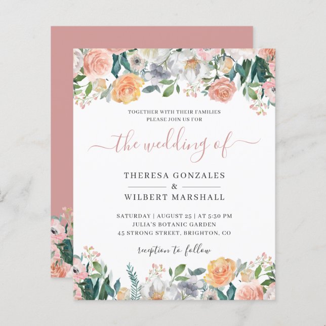 Budget Dusty Rose Floral Wedding Einladung (Vorne/Hinten)