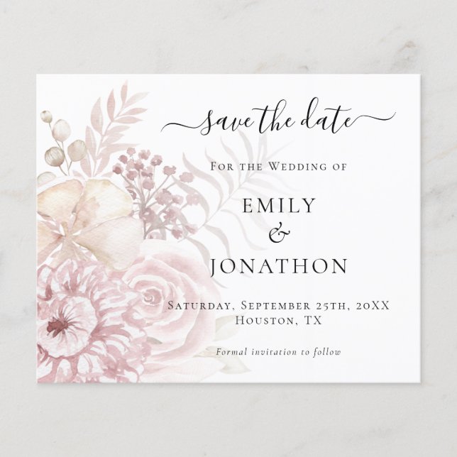 Budget Dusty Rose Florals Wedding Save the Date (Vorderseite)