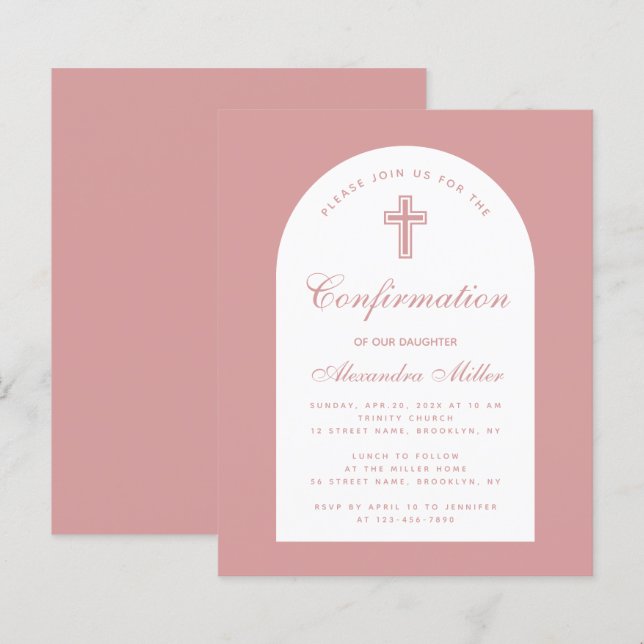 Budget Dusty Rose Girl Confirmation Einladung (Vorne/Hinten)
