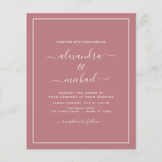 Budget Dusty Rose Hochzeit Moderne Typografie Flye Flyer (Vorne)