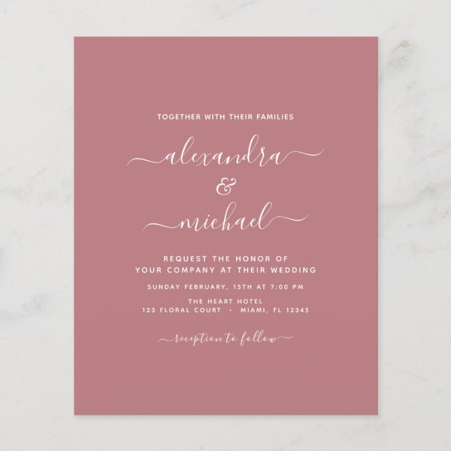 Budget Dusty Rose Hochzeit Moderne Typografie Flyer (Vorne)