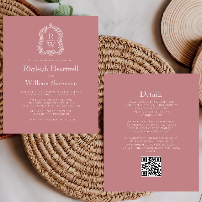 Budget Dusty Rose Monogram QR Code Hochzeit (Von Creator hochgeladen)