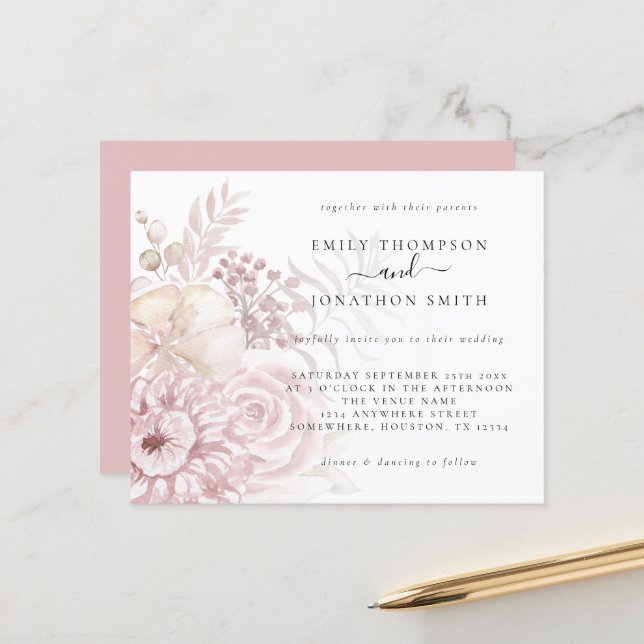 Budget Dusty Rose Pink Florals Einladung Hochzeit (Vorderseite/Rückseite Beispiel)