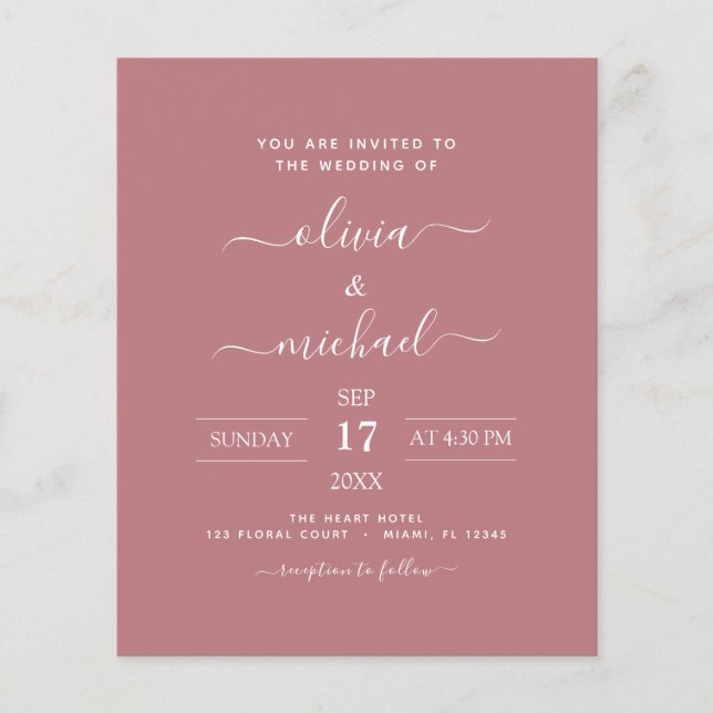 Budget Dusty Rose Pink Wedding Moderne Typografie Flyer (Vorne)