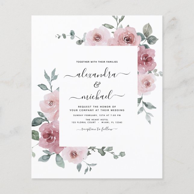Budget Dusty Rose Rosa Blumengrün Hochzeit Flyer (Vorne)