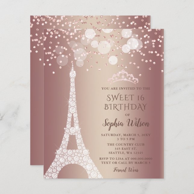 Budget Eiffelturm Rose Gold Sweet 16 Einladung (Vorne/Hinten)