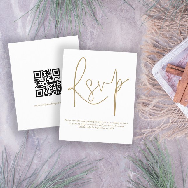 Budget Einfache QR Code Gold Script Hochzeit RSVP (Front and back view. )