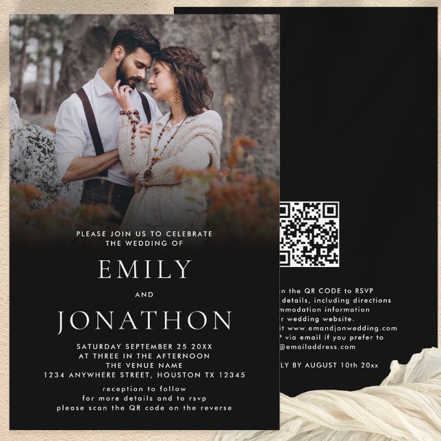Budget Einfaches Foto QR Code Wedding Black Invite (Front and Back view of budget price photo blak overlay wedding invitation with your website QR code)