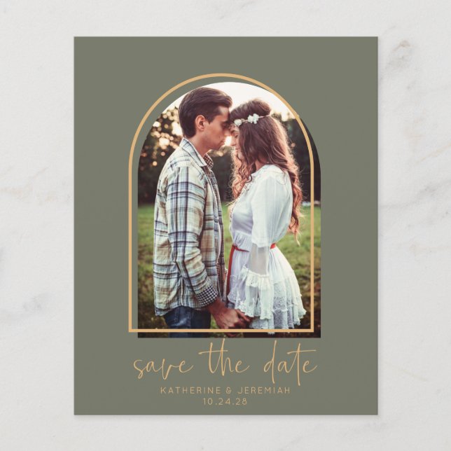Budget Elegant Arch Green Gold Save the Date (Vorderseite)