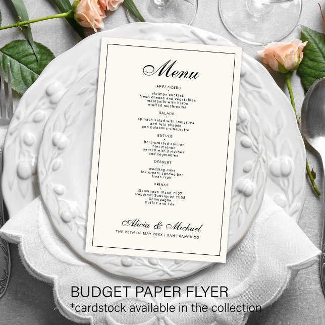 Budget elegant black cream ivory wedding menu flyer (Von Creator hochgeladen)