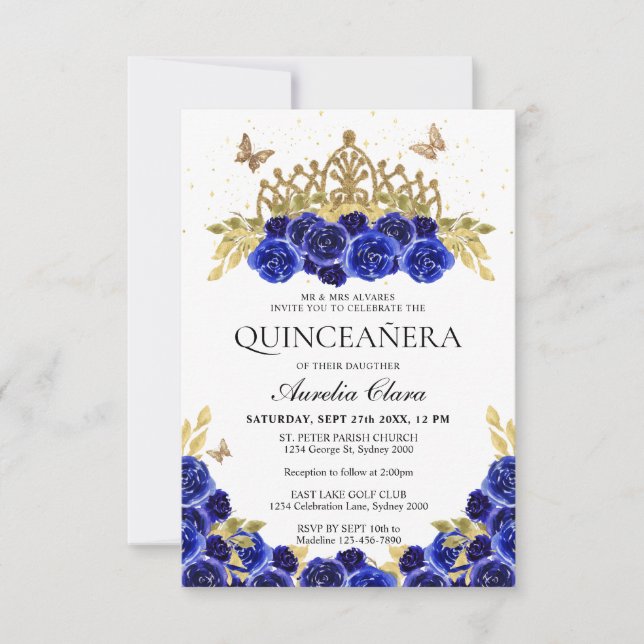 Budget Elegant Blue Floral Gold Tiara Quinceanera Mitteilungskarte (Vorderseite)