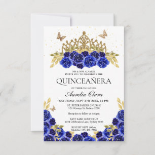Budget Elegant Blue Floral Gold Tiara Quinceanera Mitteilungskarte