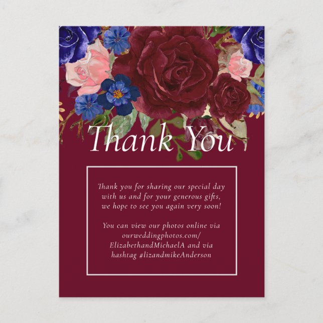 Budget Elegant Burgundy Blue Floral Wedding Postkarte (Vorderseite)