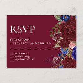 Budget Elegant Burgundy Blue Floral Wedding Postkarte