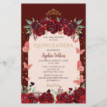 Budget Elegant Burgundy Gold Floral Quinceñera