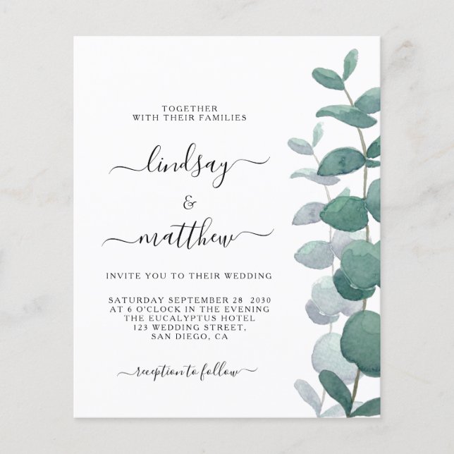 Budget Elegant Eucalyptus Wedding Einladung (Vorderseite)