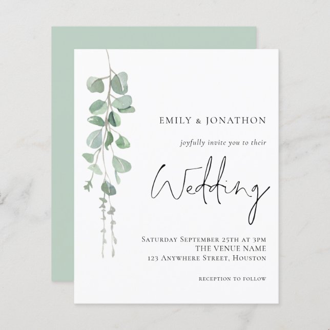 Budget Elegant Eucalyptus Wedding Einladung (Vorne/Hinten)
