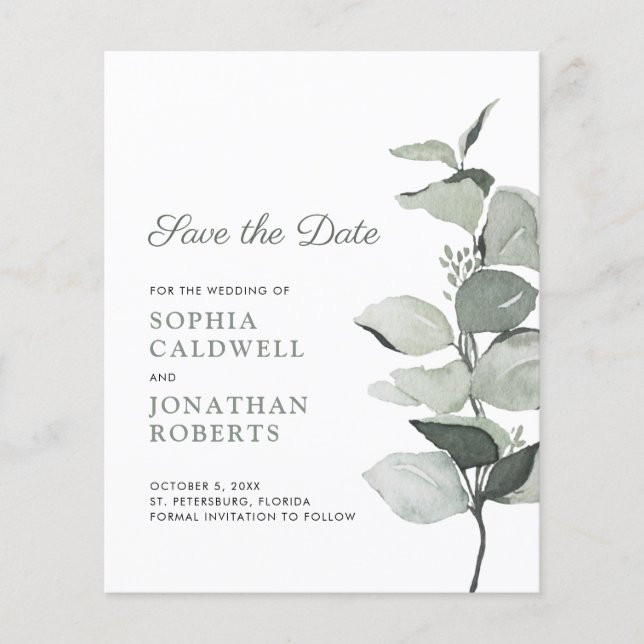 Budget Elegant Eukalyptus Wedding Save the Date (Vorderseite)