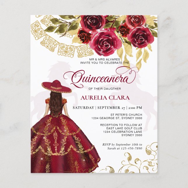 Budget Elegant Floral Ruby Rotes Pferd Quinceañera (Vorderseite)