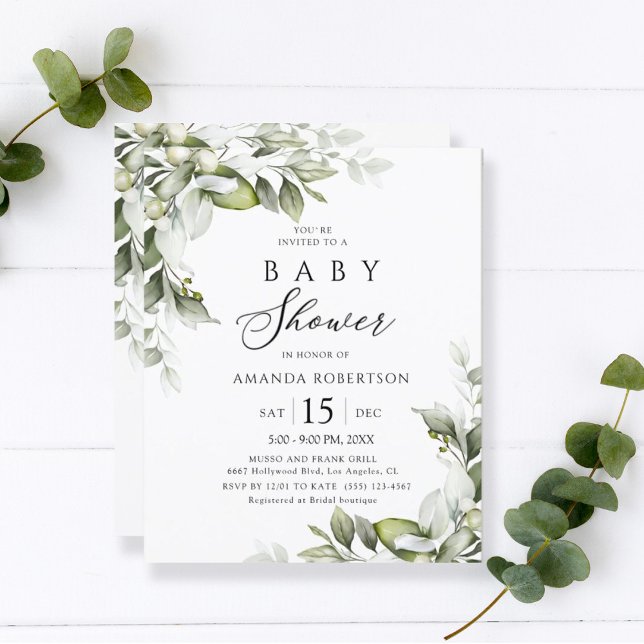 Budget Elegant Greenery Baby Shower Flyer (Von Creator hochgeladen)