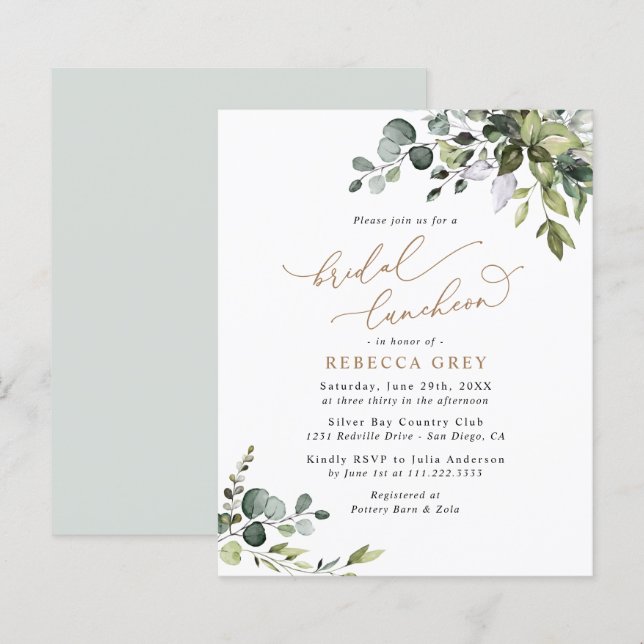 Budget Elegant Greenery Bridal Luncheon Einladung (Vorne/Hinten)