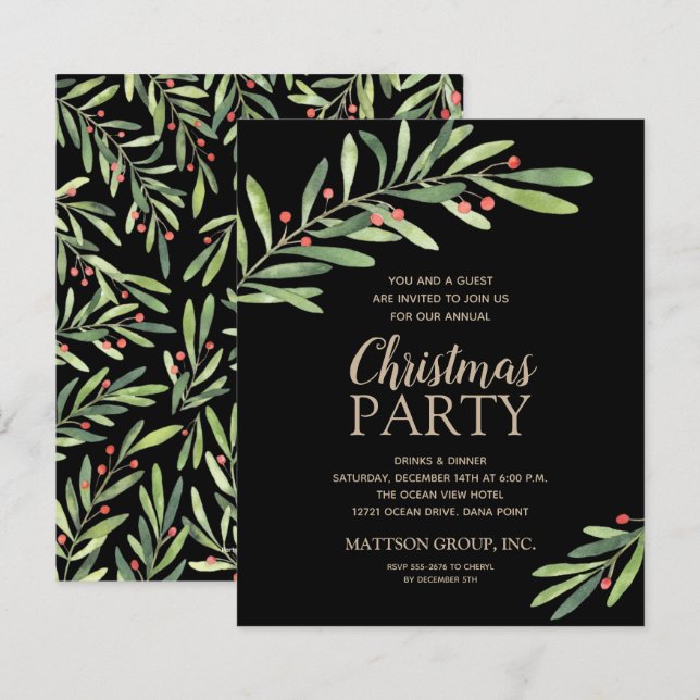 Budget Elegant Grün Weihnachten Schwarze Einladung (Vorne/Hinten)