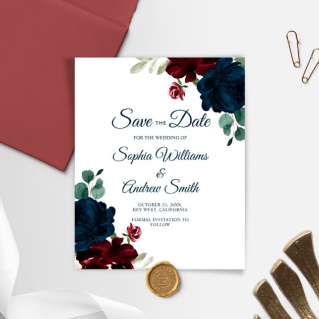 BUDGET Elegant Marsala & Navy Floral Save the Date (Von Creator hochgeladen)