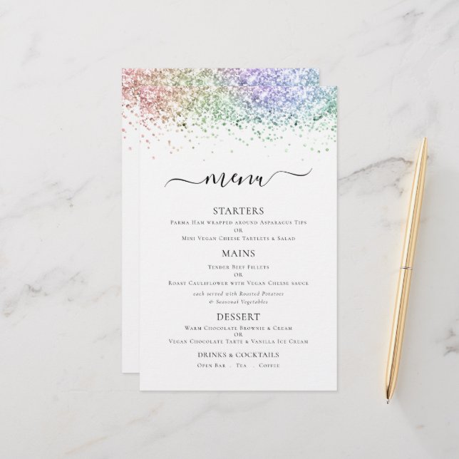Budget Elegant Rainbow Glitzer Wedding Menu (Vorderseite/Rückseite Beispiel)