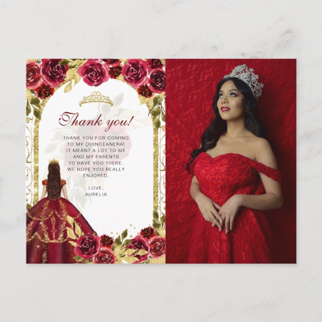 Budget Elegant Red Floral Photo Quinceañera Postkarte (Vorderseite)