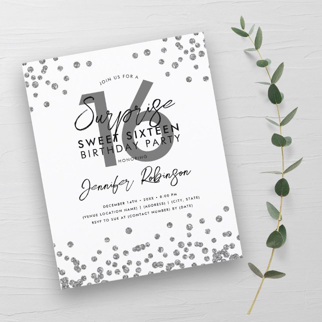 Budget Elegant Silver Confetti Sweet 16 Einladung (Budget Elegant Silver Confetti Sweet 16 Invite)