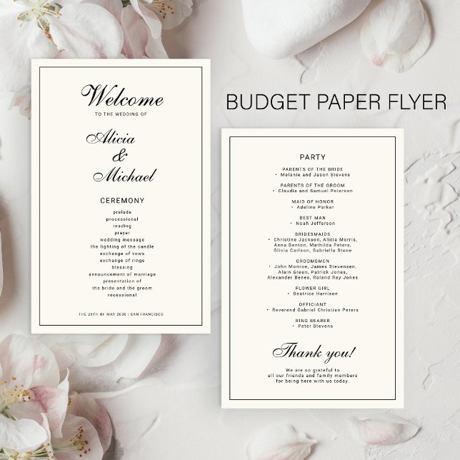 Budget elegant simple black ivory wedding program flyer (Von Creator hochgeladen)