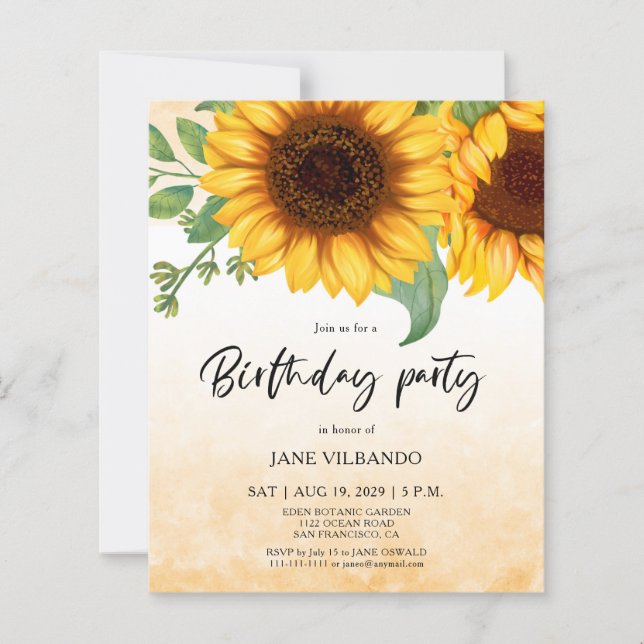 Budget Elegant Sunflower Birthday Party Invitation (Vorderseite)